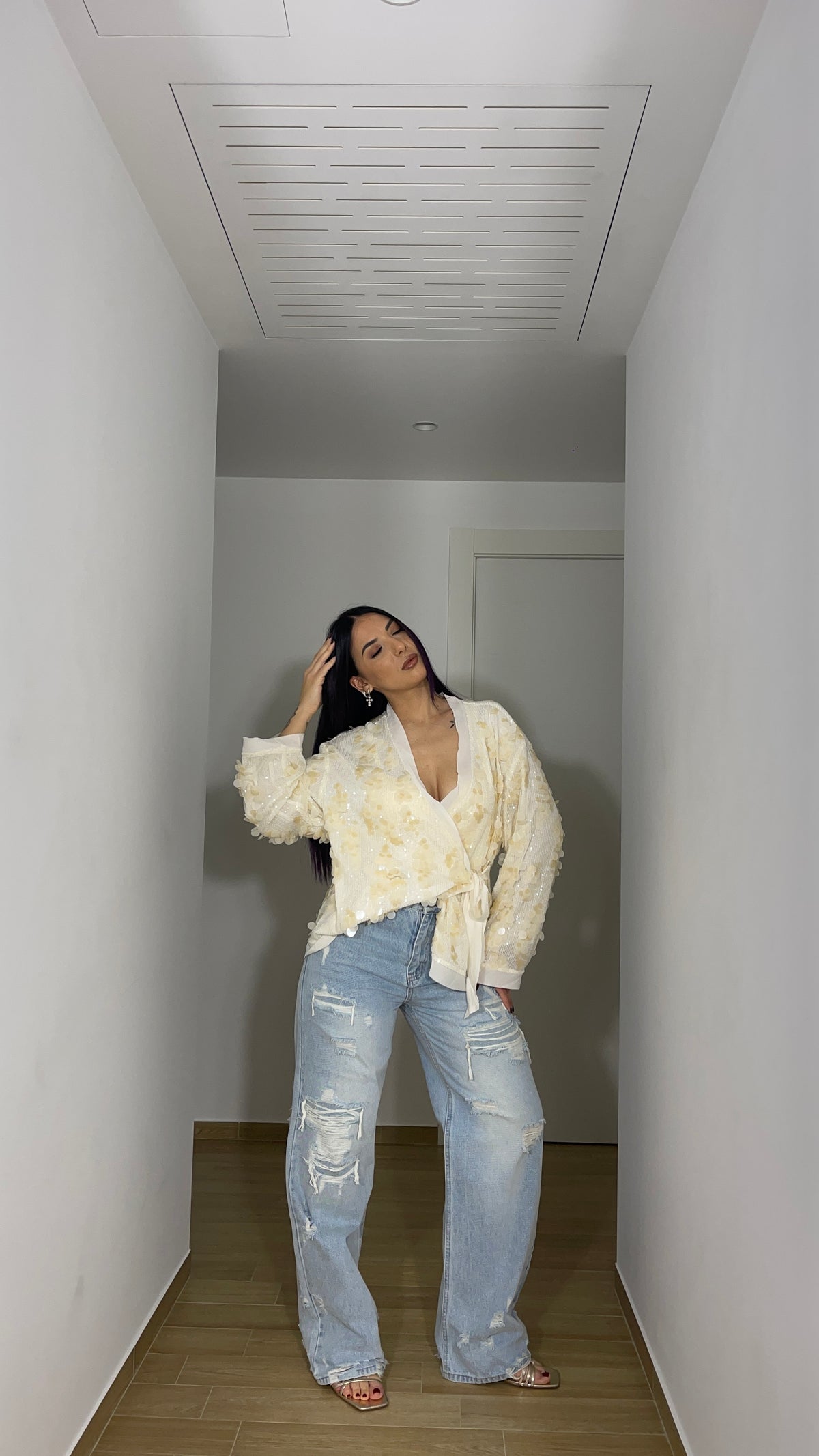 Jeans wide leg fake strappi