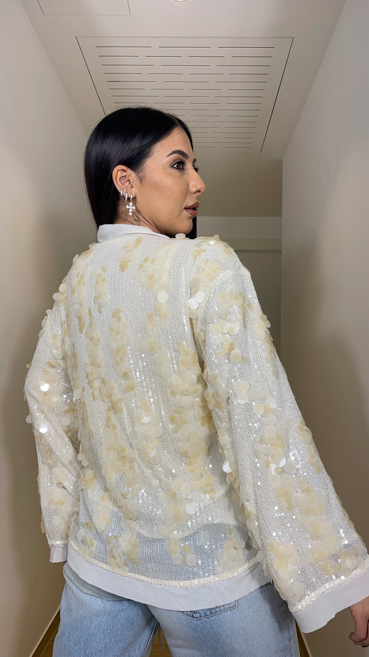 Blusa in paillettes beige