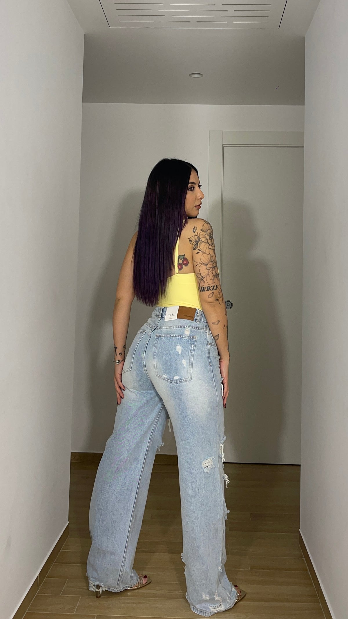 Jeans wide leg fake strappi