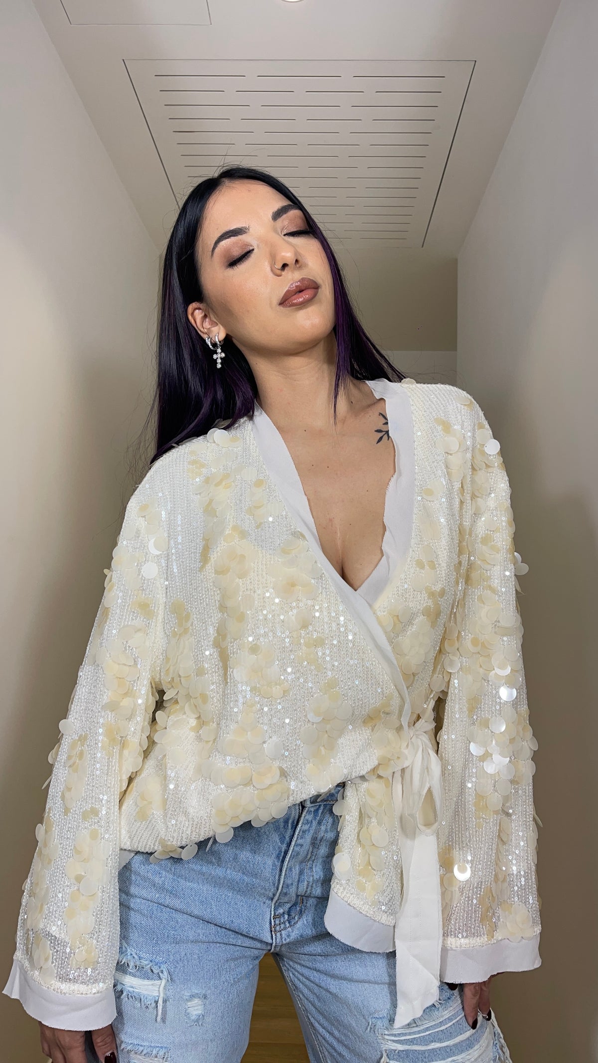 Blusa in paillettes beige