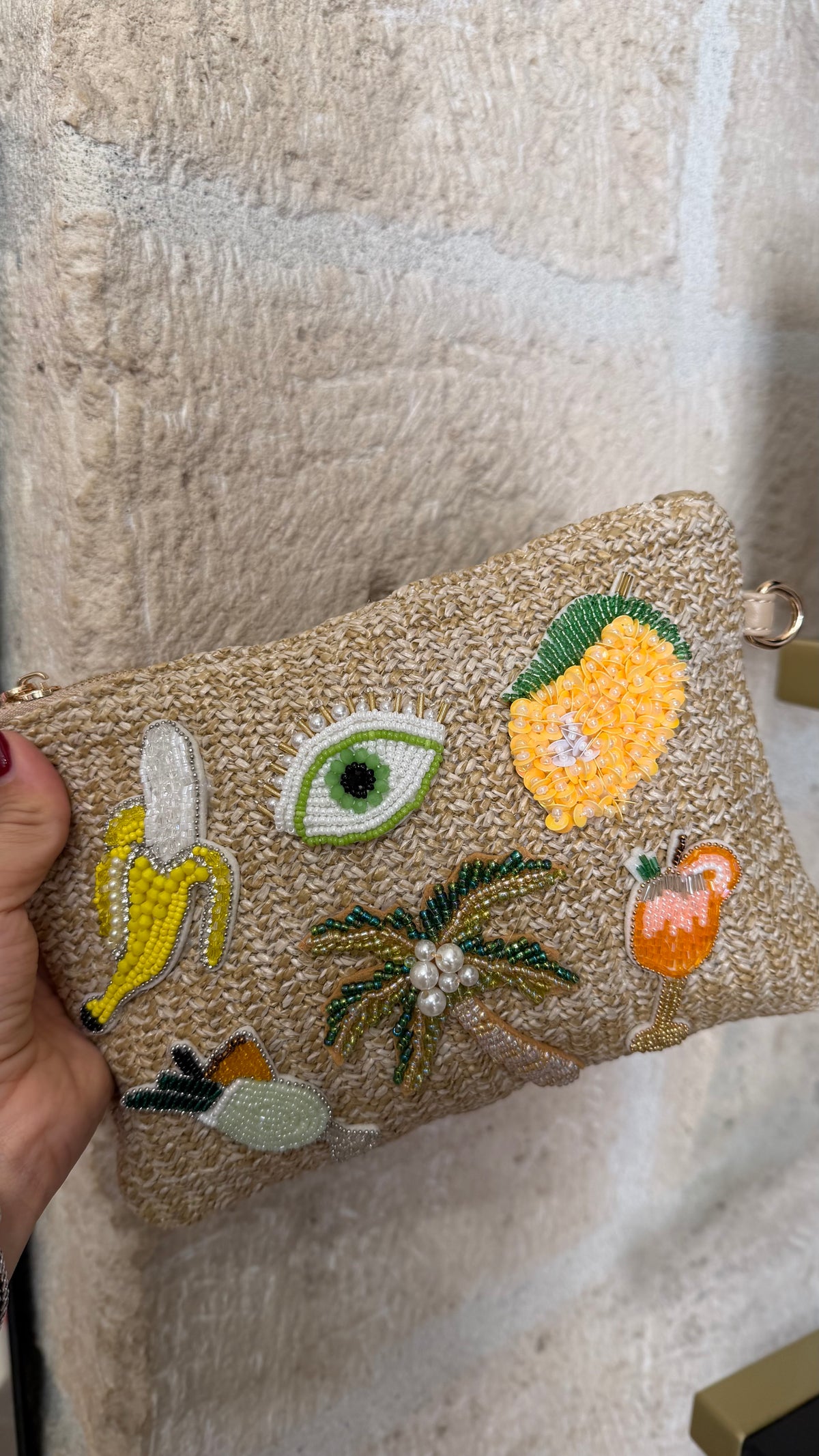 Pochette in Paglia Intrecciata Con Tracolla Oro