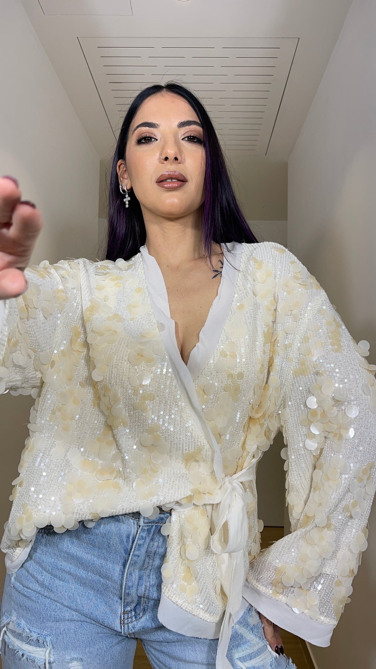 Blusa in paillettes beige